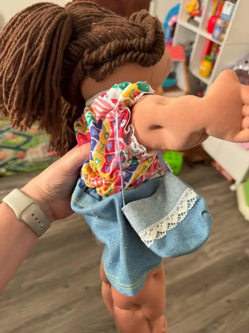 Vintage Cabbage Patch Kids Doll with Brown Yarn Hair and Quilted Patchwork Outfi